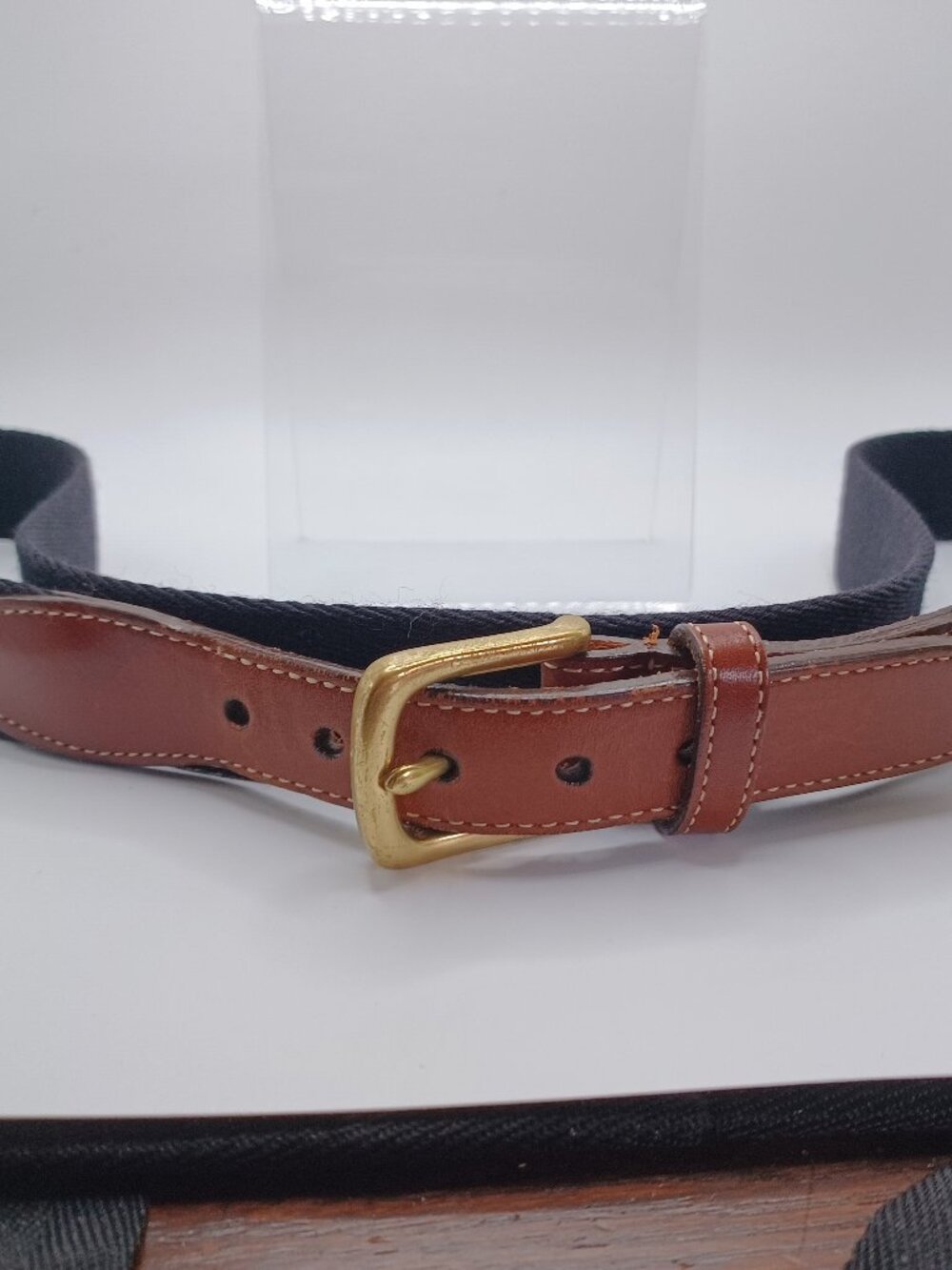 Lands End Men's Belt Black Canvas Brwn Leather Solid Brass Buckle Made in USA 40